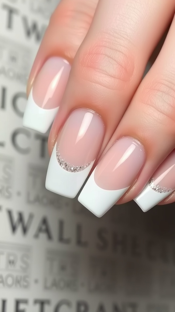 A close-up of classic French tip nails with a curved white tip and a nude base, featuring a subtle shimmer accent.