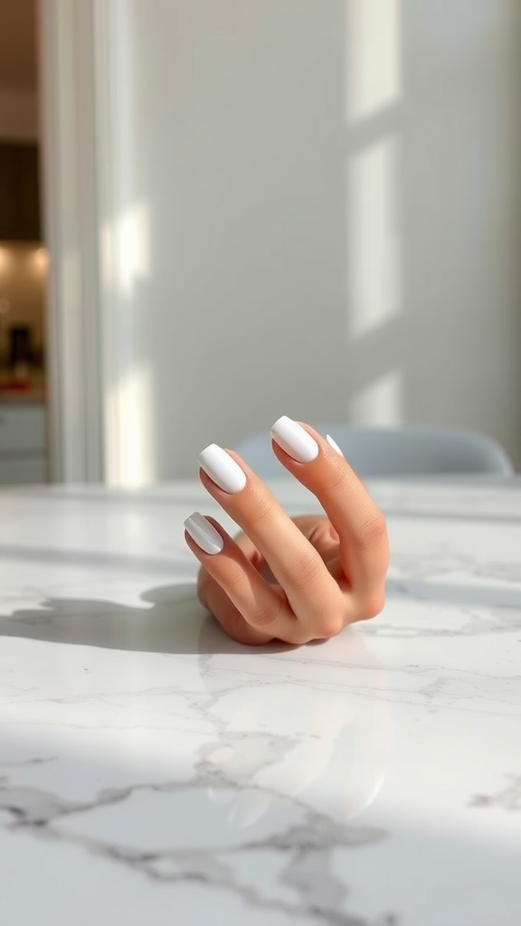 A hand with classic white manicure against a light marble background.