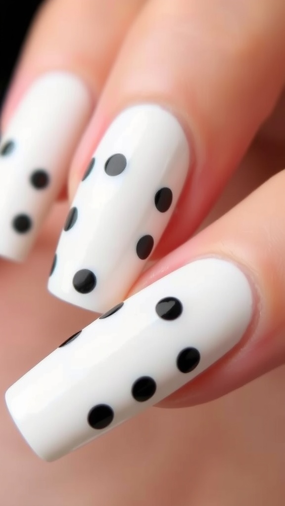 Close-up of nails with classic white polish and black polka dots
