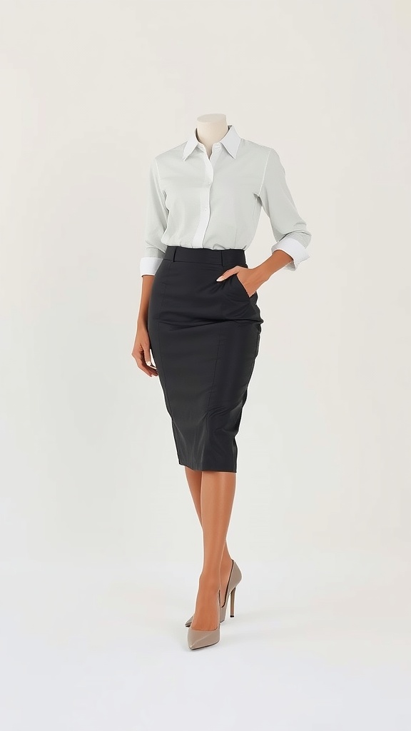 A mannequin displaying a classic white shirt paired with a black pencil skirt and nude heels.