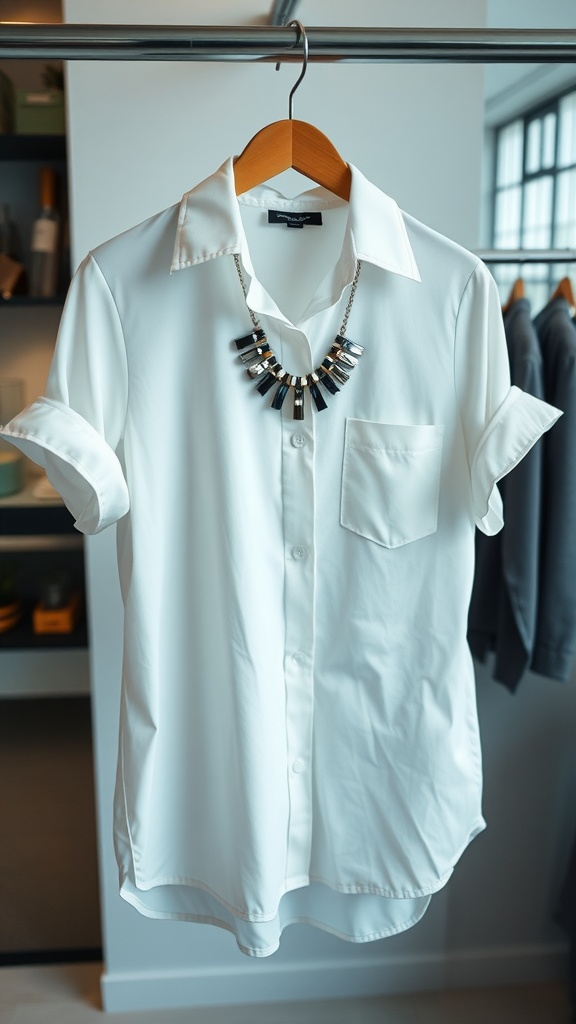 A classic white shirt hanging on a hanger with a statement necklace, showcasing its versatile style.