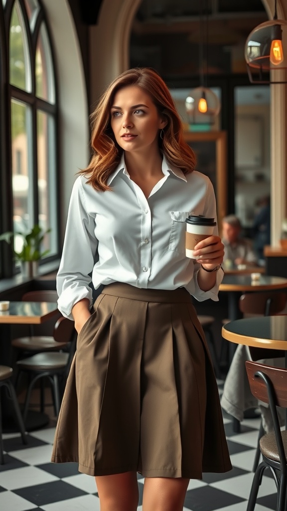 Woman in a classic white shirt and A-line skirt holding a coffee in a stylish cafe