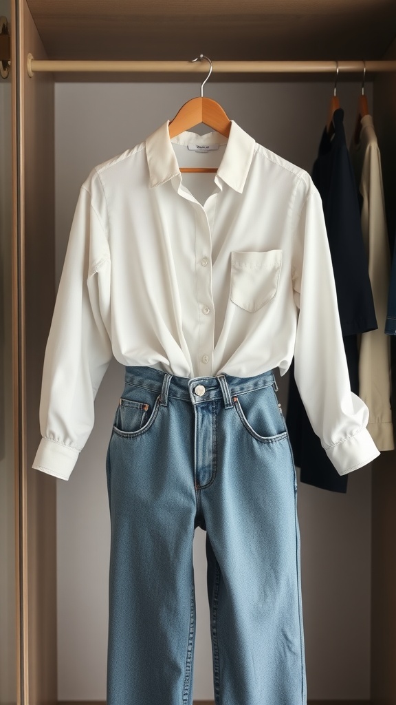 A classic white shirt hanging above high-waisted jeans on a wooden hanger.