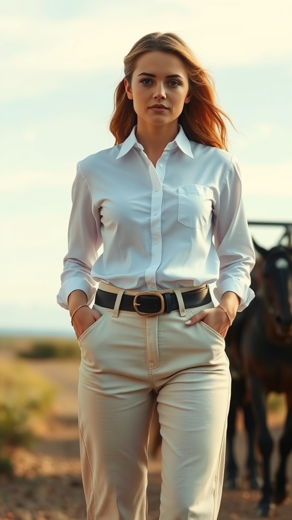 Woman in a classic white shirt and high-waisted pants, standing outdoors with hands in pockets.