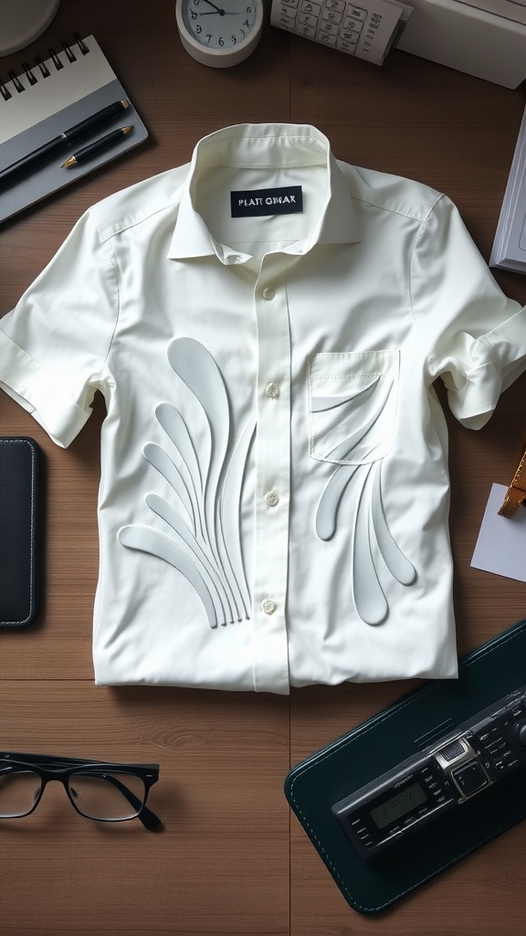 A stylish white shirt with unique cutout designs laid out on a wooden table, surrounded by office supplies.