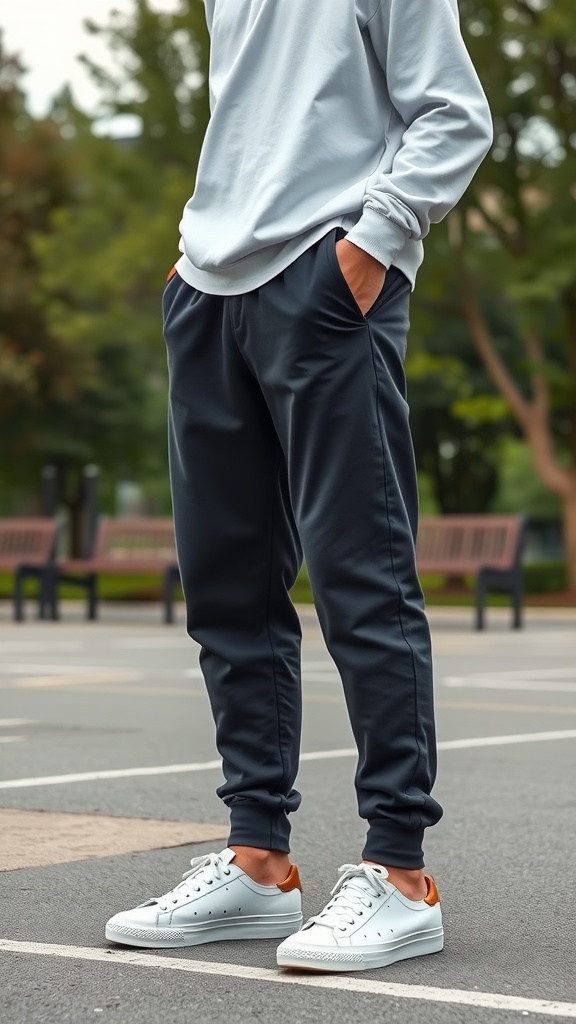 A person wearing classic white sneakers and joggers standing outdoors.