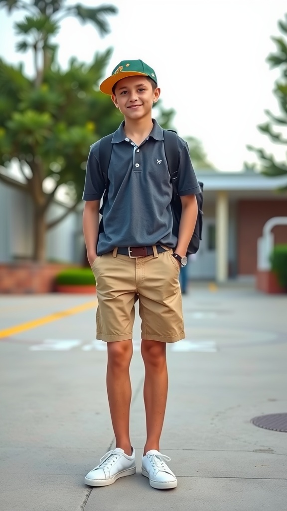 A young student wearing a navy polo shirt, khaki shorts, and classic white sneakers, standing with a backpack.