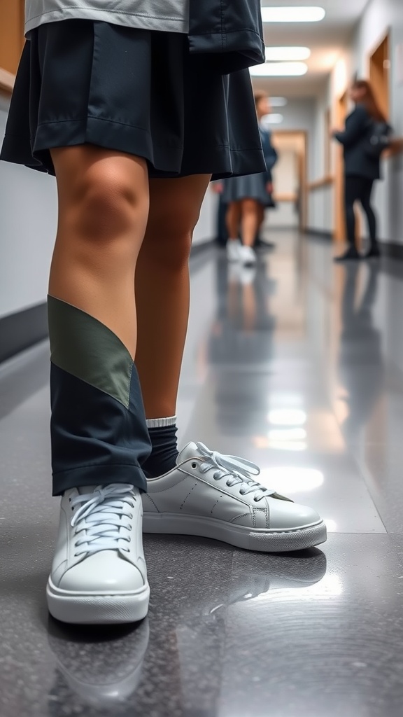 A student in a school uniform wearing classic white sneakers in a hallway