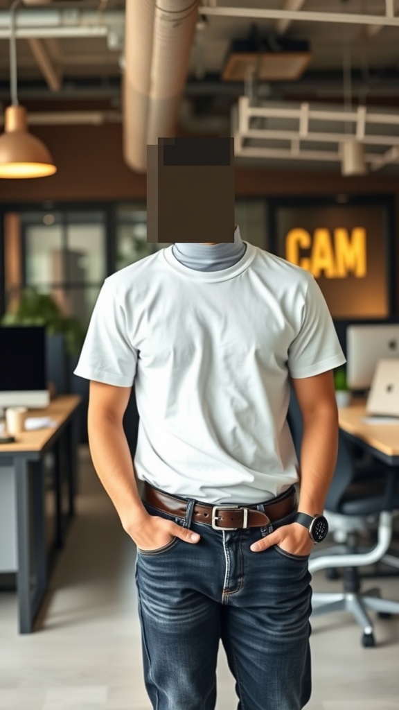 A person wearing a classic white t-shirt and dark jeans in a modern office setting.