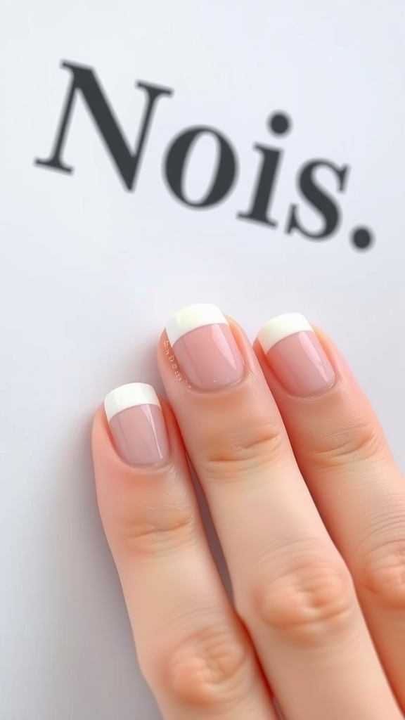 A close-up of a hand with classic French manicure featuring pink base and white tips.