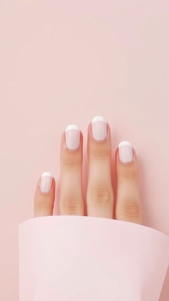 A close-up of manicured nails with classic white tips on a soft pink background.