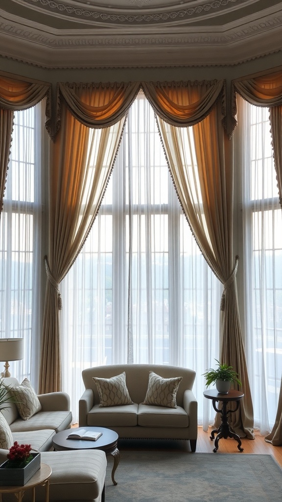 A beautifully styled living room with classic window treatments, featuring elegant drapes and a cozy sofa