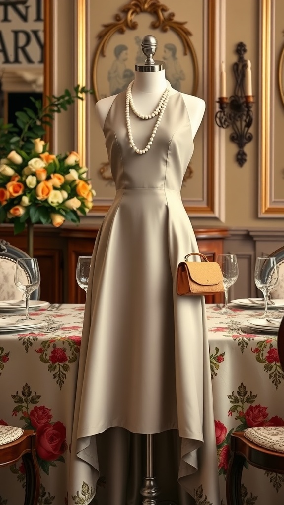 A classy midi dress displayed on a mannequin with a pearl necklace and a small handbag, set against a floral tablecloth and elegant decor.
