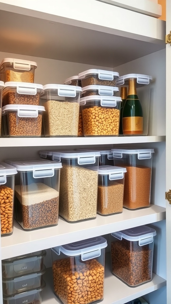 Neatly organized clear storage containers in a kitchen pantry.