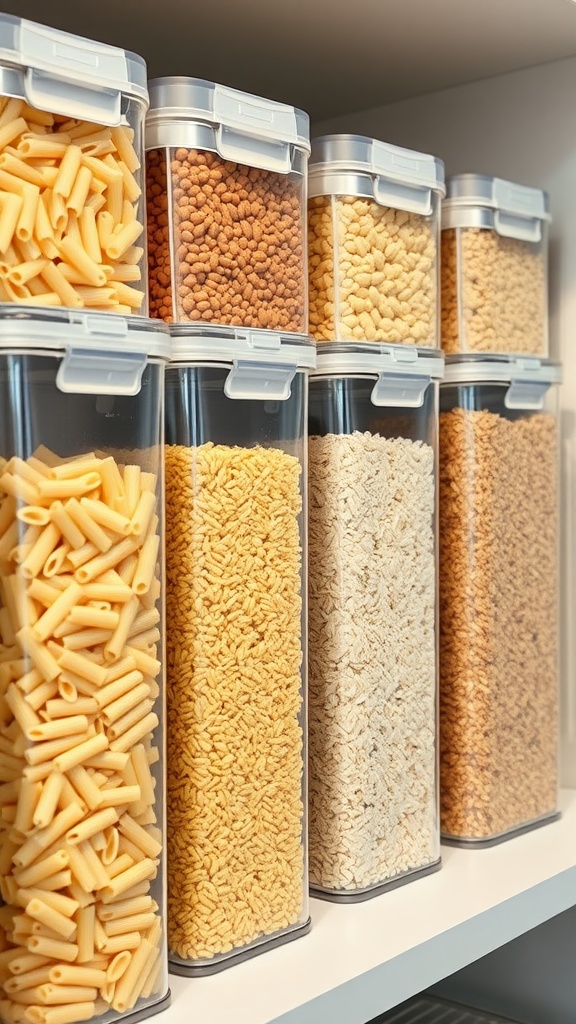 Clear storage containers filled with various types of pasta and cereals on a kitchen shelf.