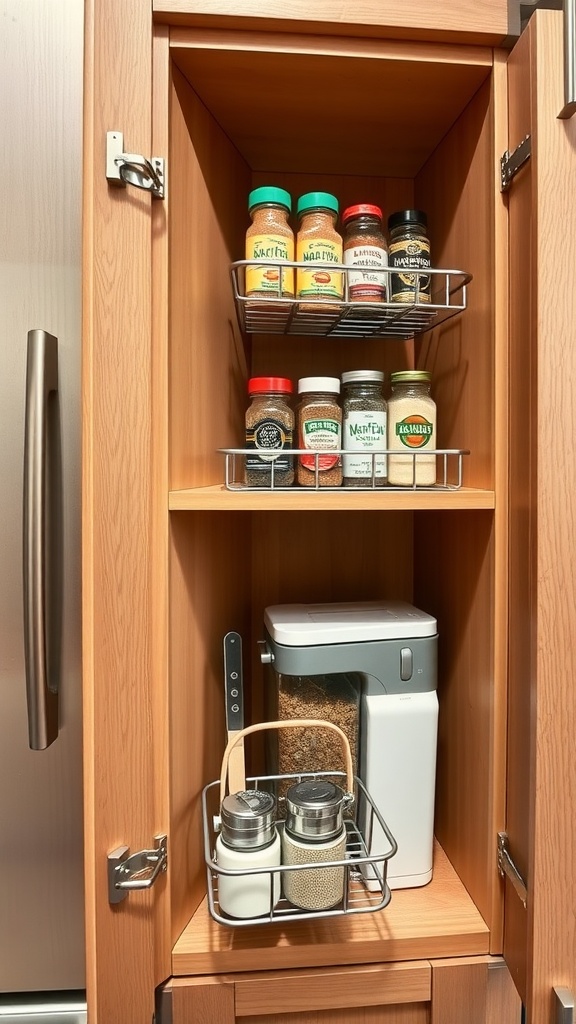 Organized kitchen cabinet with spices and containers