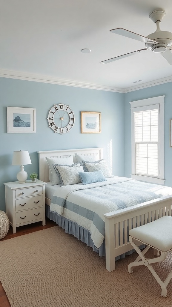 A serene blue bedroom with white furniture, coastal artwork, and natural light.