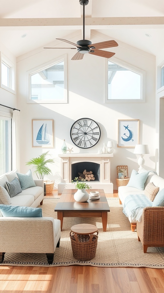 A bright coastal-inspired living room with light colors, natural materials, and nautical decor