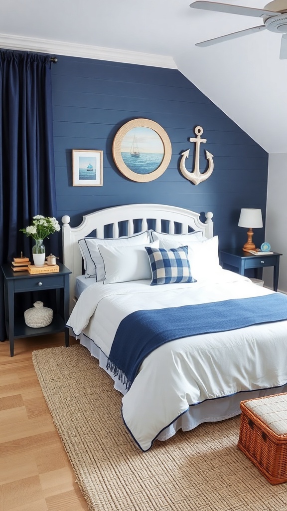A cozy navy blue bedroom with white bedding and nautical decor.