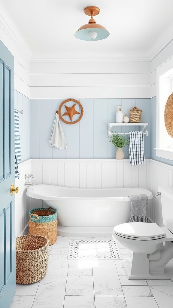 A bright and airy bathroom featuring coastal decor with blue walls, a freestanding tub, and nautical-themed accessories.