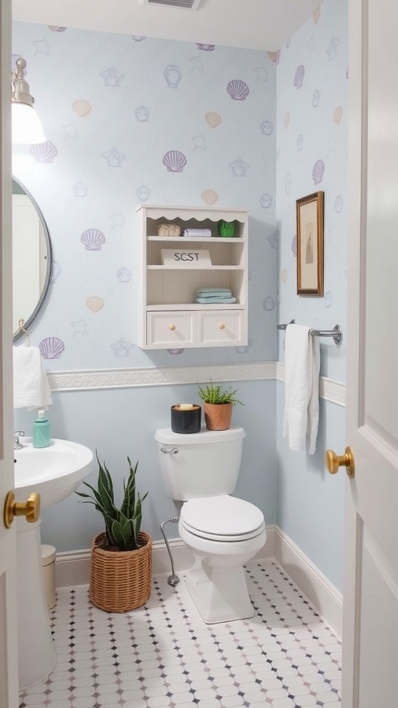 Coastal inspired guest bathroom with seashell wallpaper and natural decor