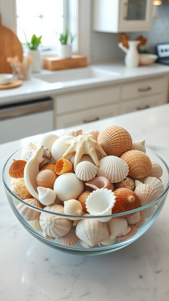 A bowl filled with various seashells on a kitchen island