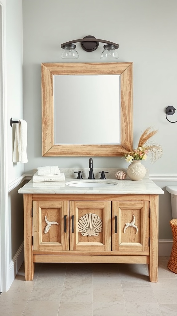 A coastal-inspired bathroom featuring a wooden vanity with seashell accents, a large mirror, and soft lighting.