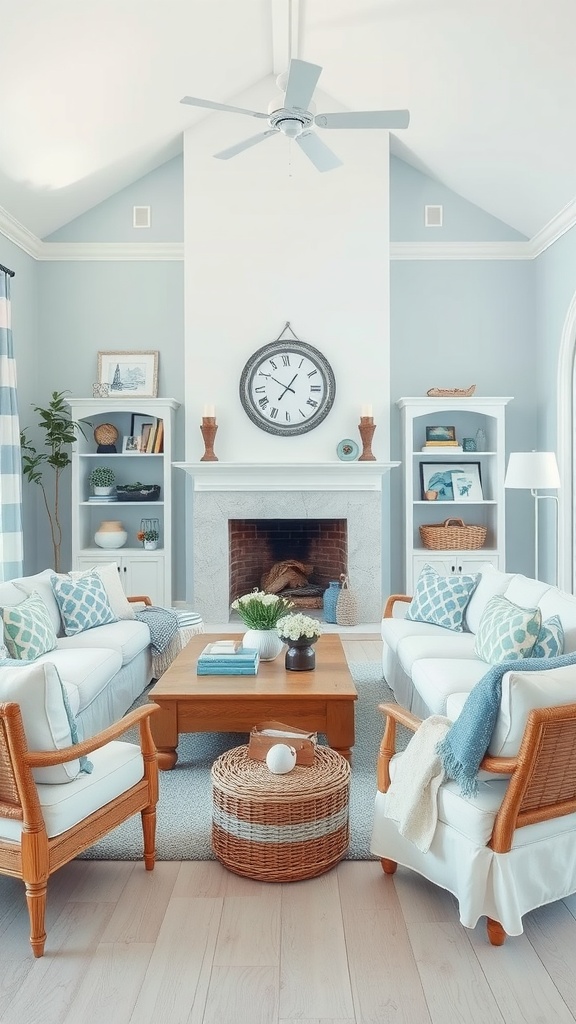 A coastal-themed living room featuring light blue walls, white sofas with patterned pillows, a wooden coffee table, and decorative shelves.