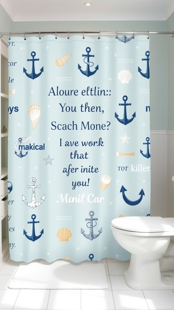 A light blue shower curtain featuring anchors, seashells, and nautical symbols, creating a coastal vibe in a bathroom setting.