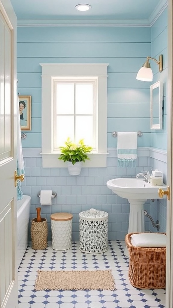 A cozy bathroom with soft blue walls and coastal decor, featuring a window, plants, and patterned tiles.