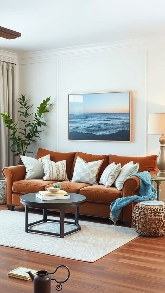 A cozy living room featuring a brown couch with soft blue accents, a round coffee table, and ocean-themed wall art.