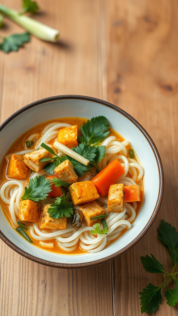 A bowl of Coconut Curry Rice Noodles with tofu, carrots, and cilantro.