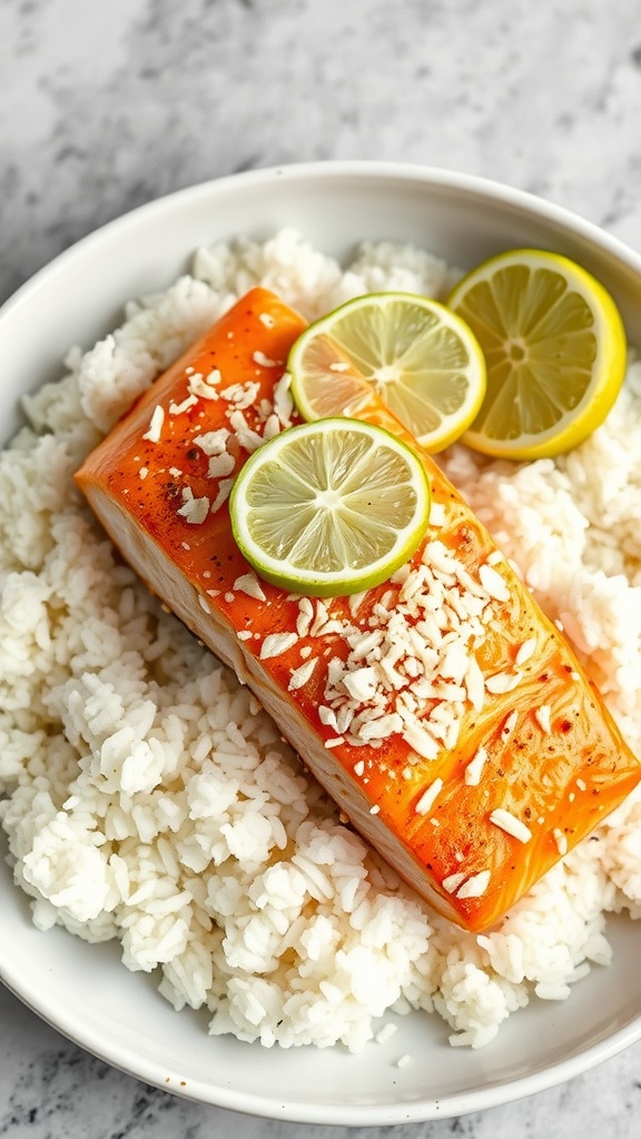 A plate of Coconut Lime Air Fryer Salmon served over rice, garnished with lime slices.