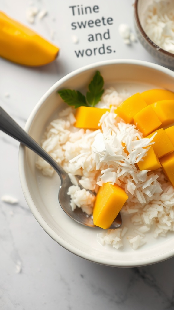 A bowl of coconut milk-infused sweet rice topped with mango and coconut flakes.