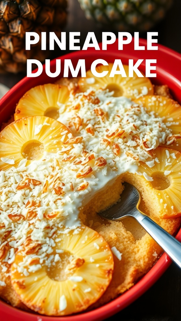 A delicious coconut pineapple dump cake topped with pineapple rings and shredded coconut.
