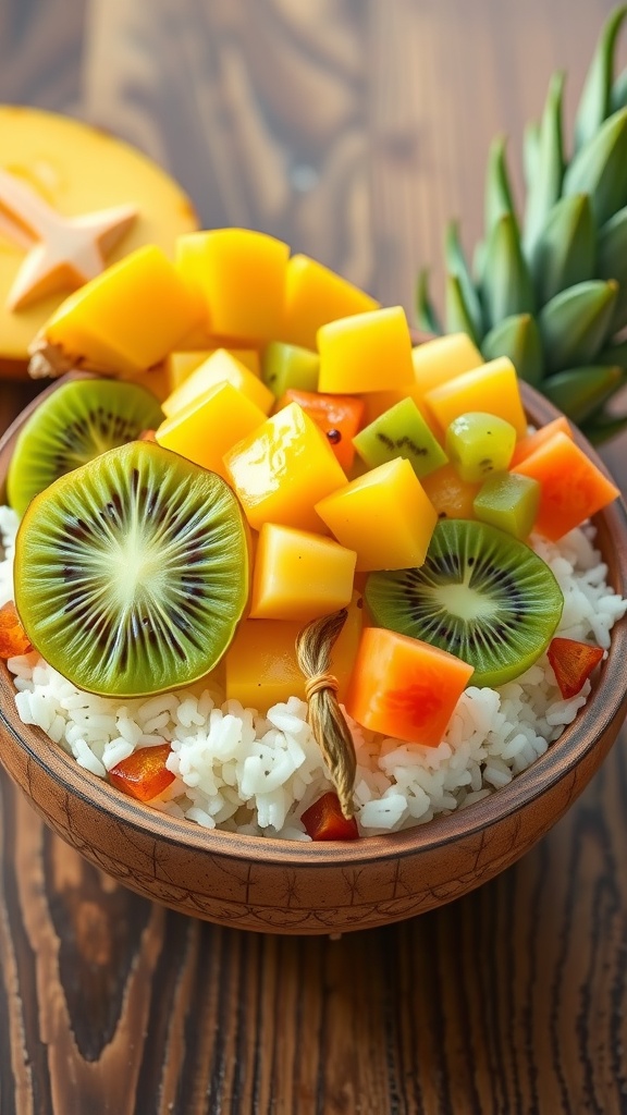 A delicious bowl of coconut rice topped with tropical fruits.