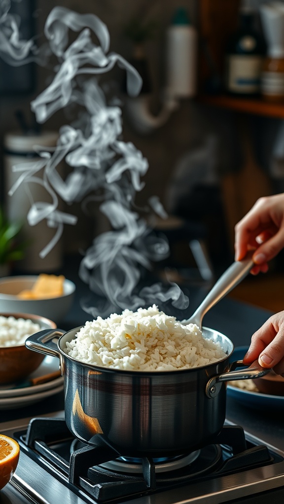 Coconut rice being prepared in a pot on the stove