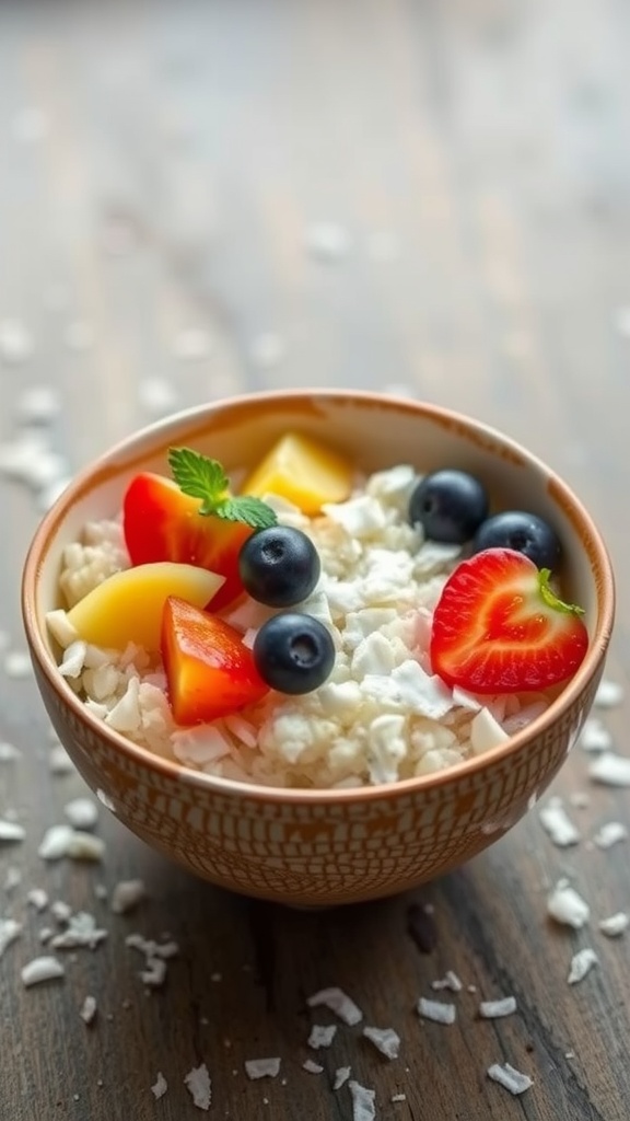 A bowl of coconut rice topped with fruits and shredded coconut.