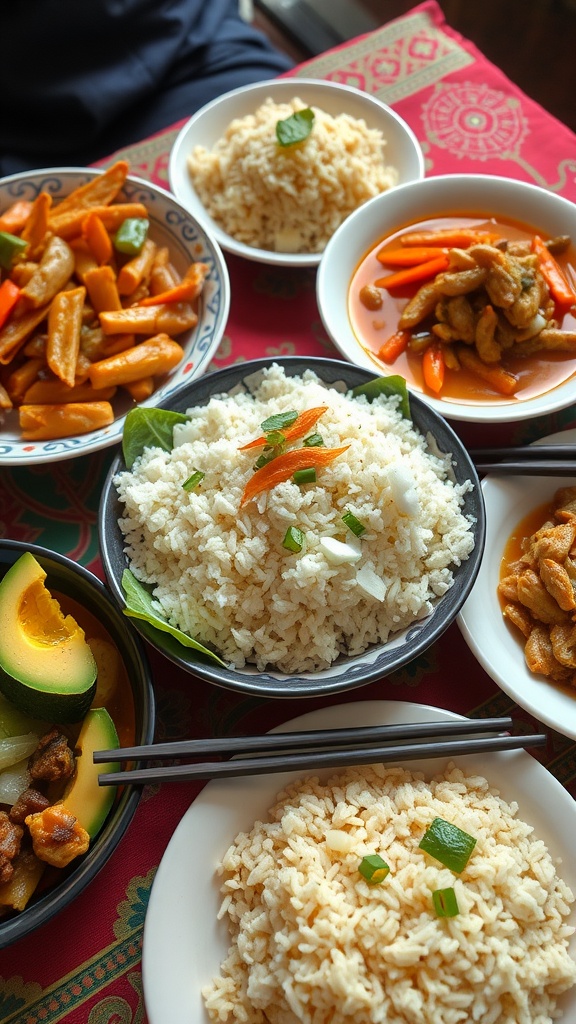 A bowl of coconut rice garnished with fresh herbs, served with a variety of colorful Asian dishes.