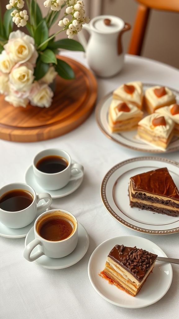 A coffee bar setup featuring coffee cups, a teapot, and a variety of layered cakes for dessert.