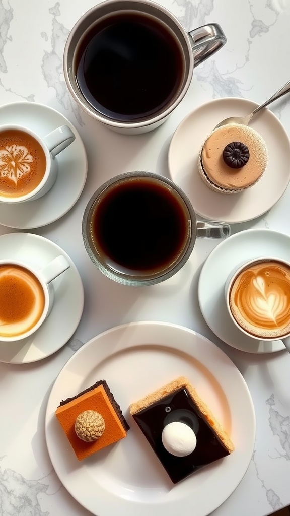 A variety of coffees and desserts arranged on a table.