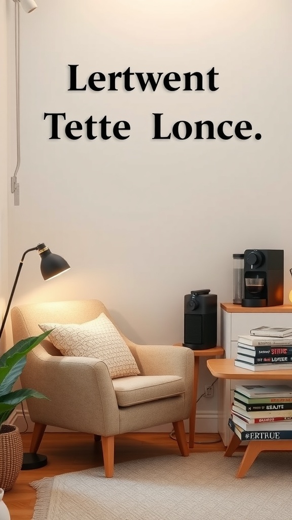 A cozy reading nook with a chair, coffee maker, and books