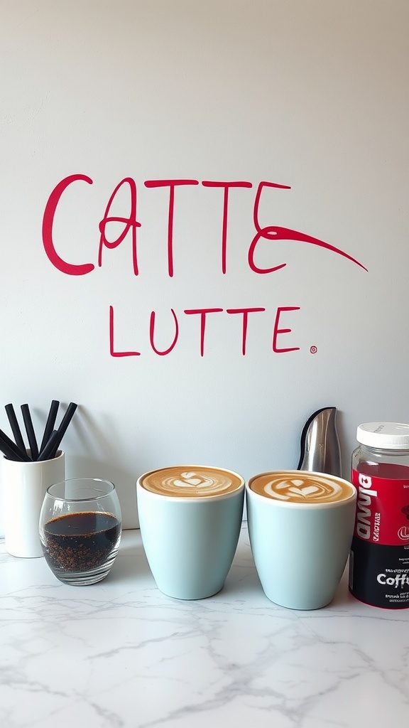 Coffee art station featuring two cups of latte with beautiful designs, a glass of espresso, coffee stirrers, and a modern aesthetic.