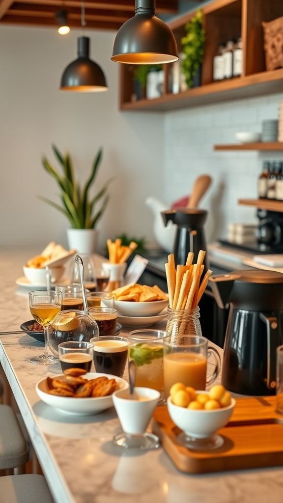 A cozy coffee bar setup with drinks and snacks, showcasing an inviting atmosphere for guests.