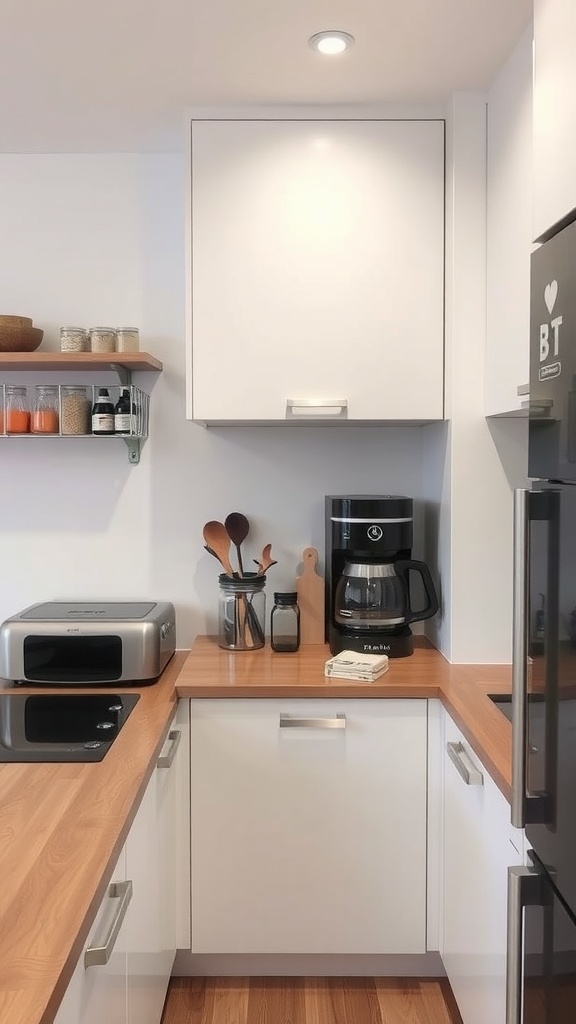 A small kitchen corner with a coffee maker, jars, and utensils organized on shelves.