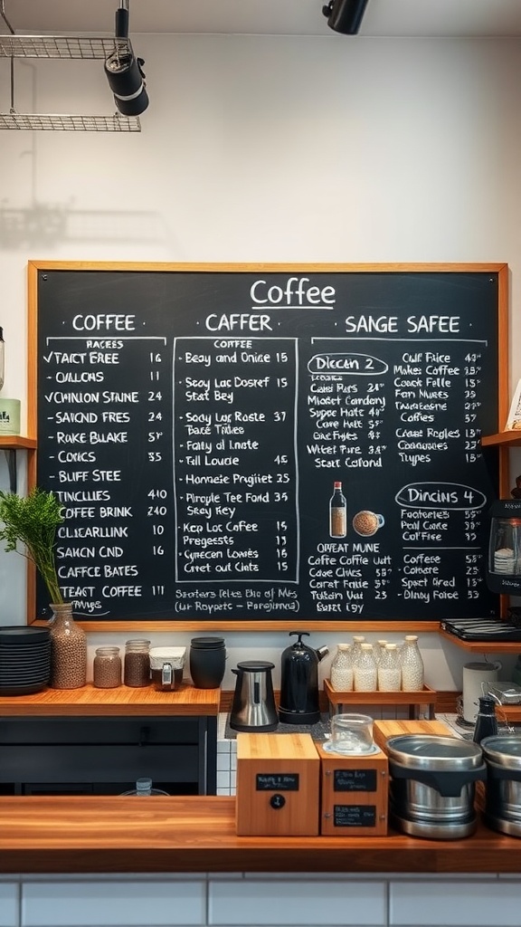 A chalkboard menu in a coffee bar displaying various coffee options and prices.