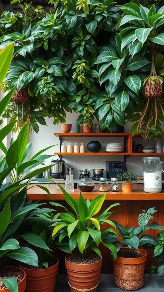 Cozy coffee bar surrounded by lush green plants