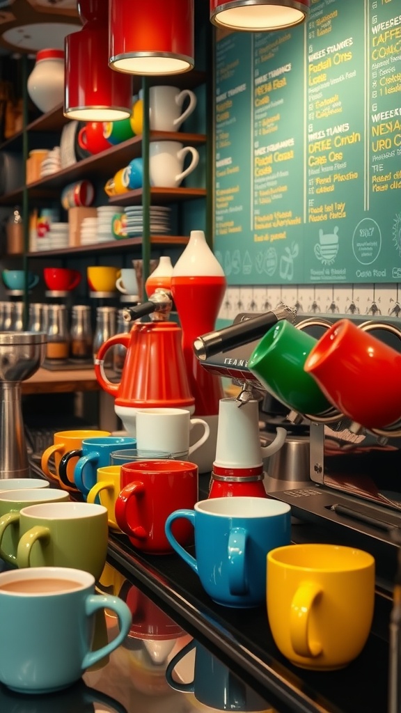 A coffee bar featuring a variety of colorful mugs arranged on a counter with a coffee machine in the background.