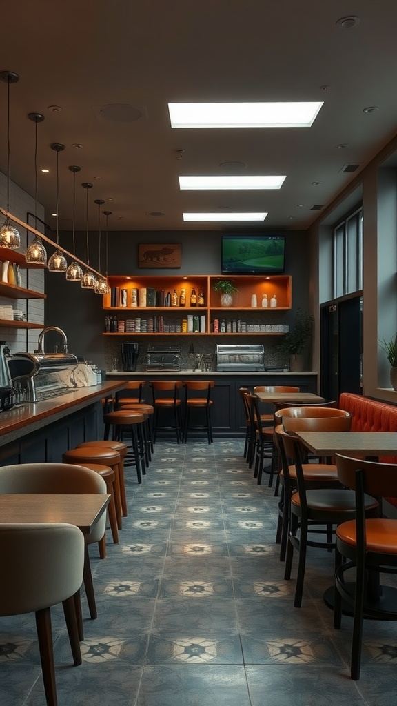 A modern coffee bar with varied seating options, including cushioned booths and bar stools, warm lighting, and shelves filled with coffee products.
