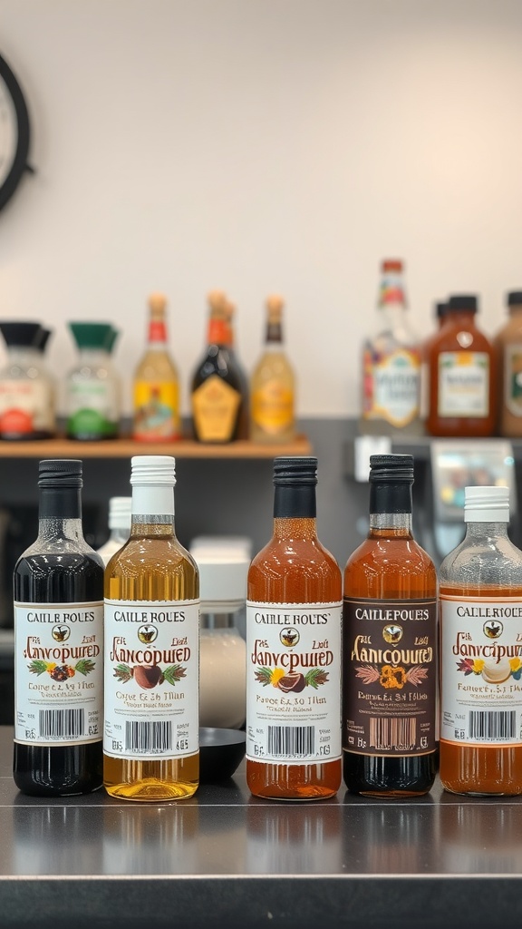 A display of various flavor syrups for a coffee bar, featuring different bottles with unique labels.